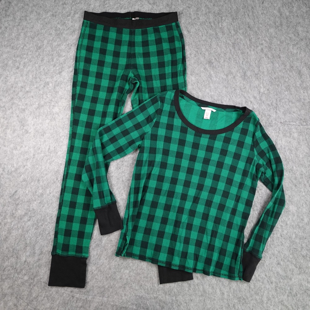 Victoria Secret Pajama Set Women Medium Green Buffalo Plaid Waffle Knit Thermal